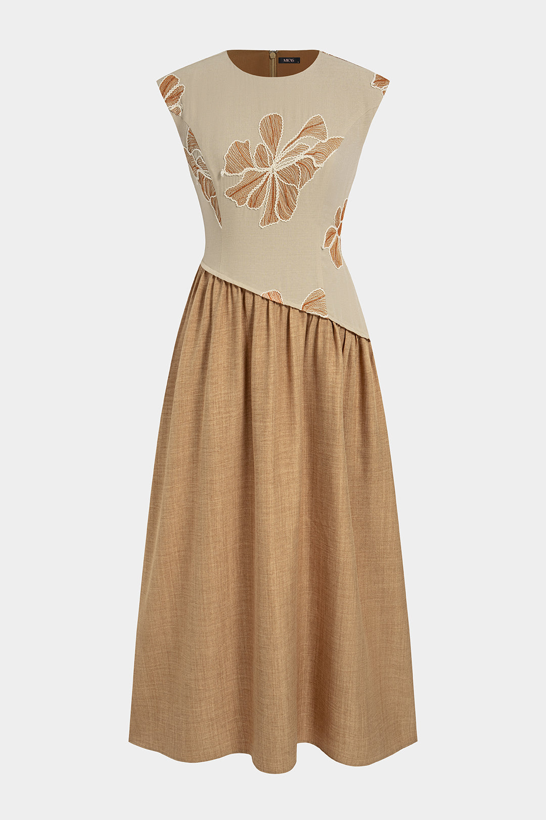 Linen Patchwork Floral Embroidery Asymmetrical Ruched Sleeveless Maxi Dress