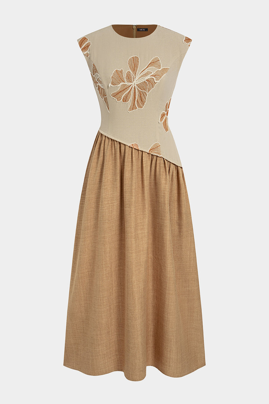 Linen Patchwork Floral Embroidery Asymmetrical Ruched Sleeveless Maxi Dress
