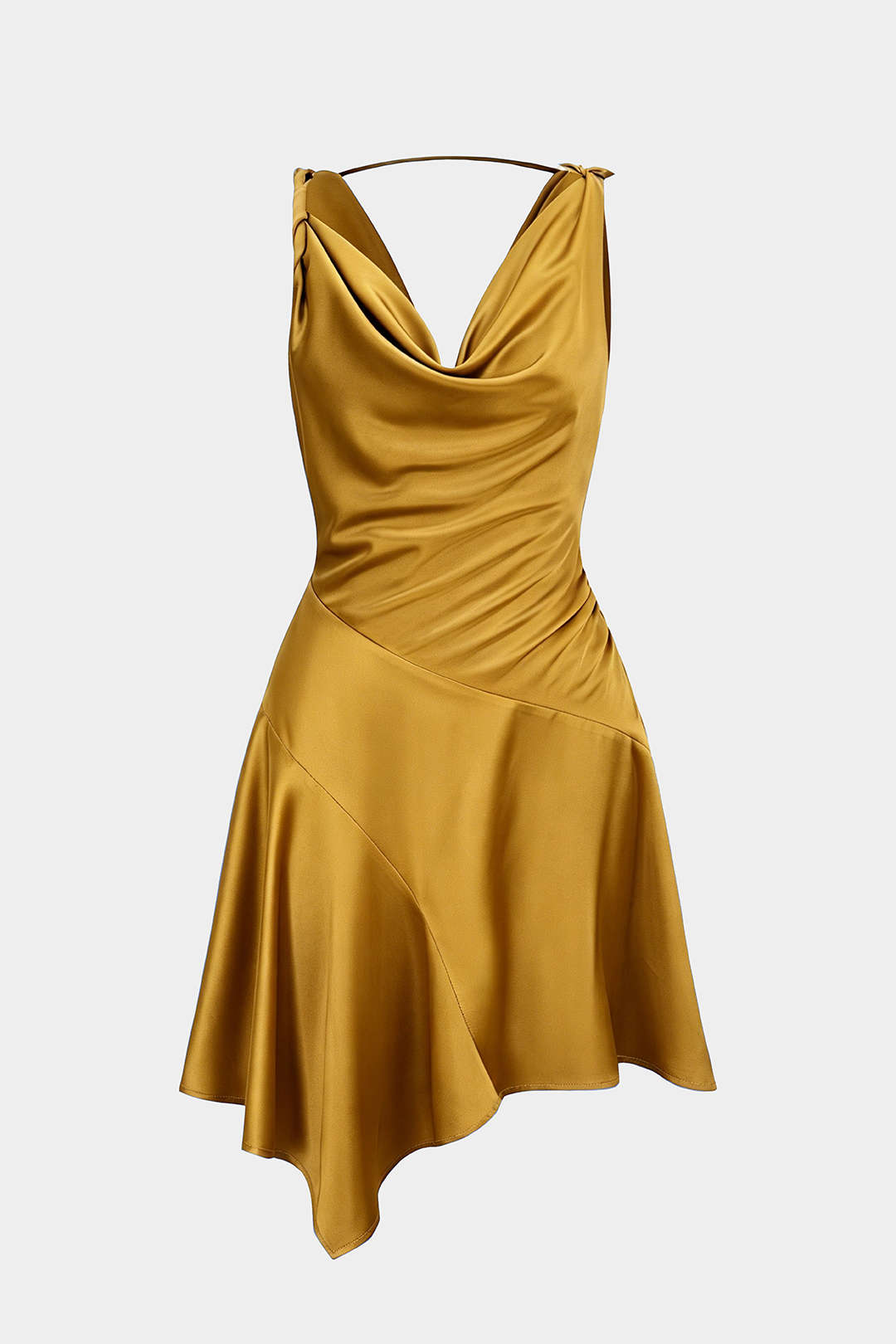 Satin Draped Cowl Neck Asymmetrical Ruched Sleeveless Mini Dress