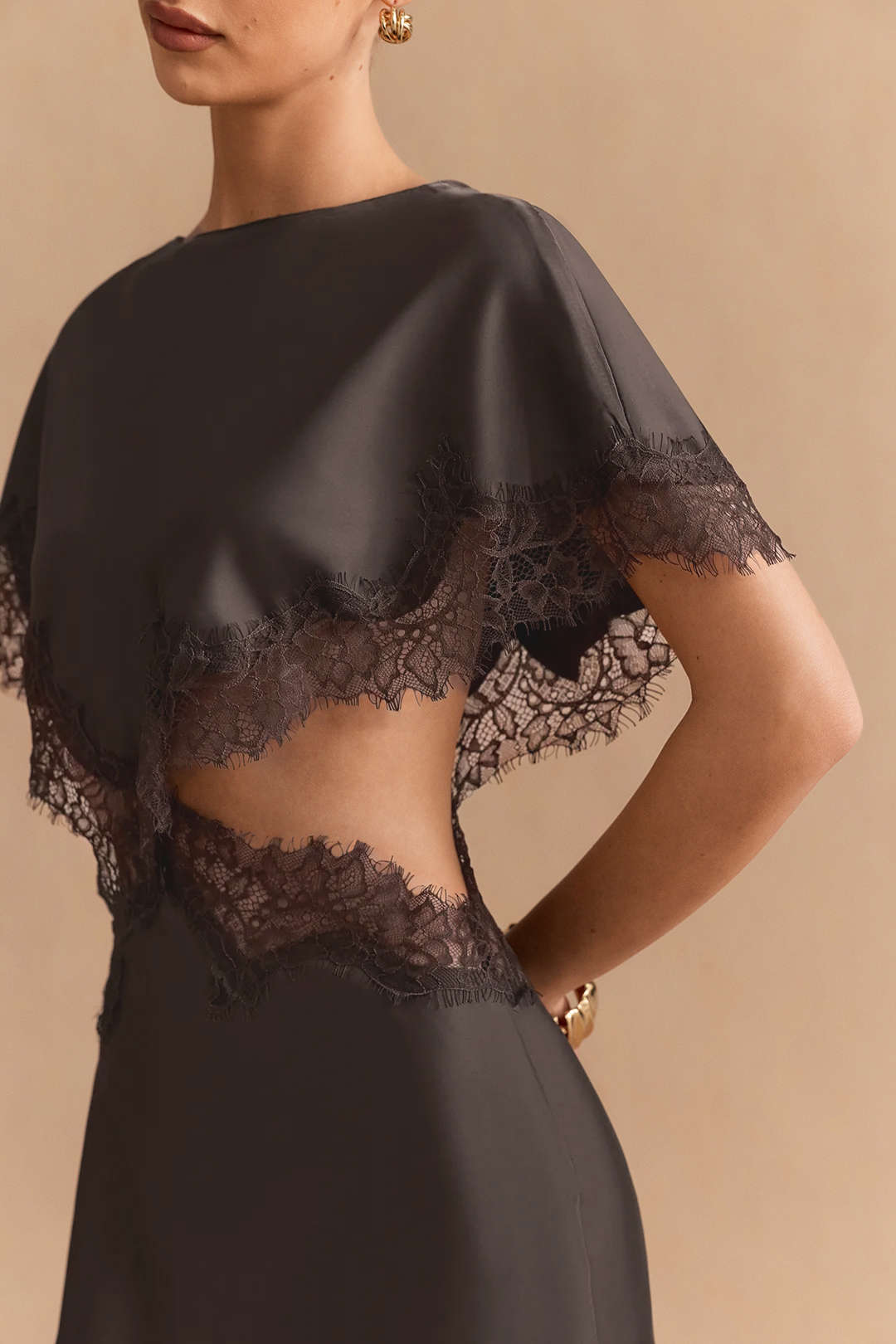 Satin Patchwork Lace Trim Cut Out Short Sleeve Midi Dress