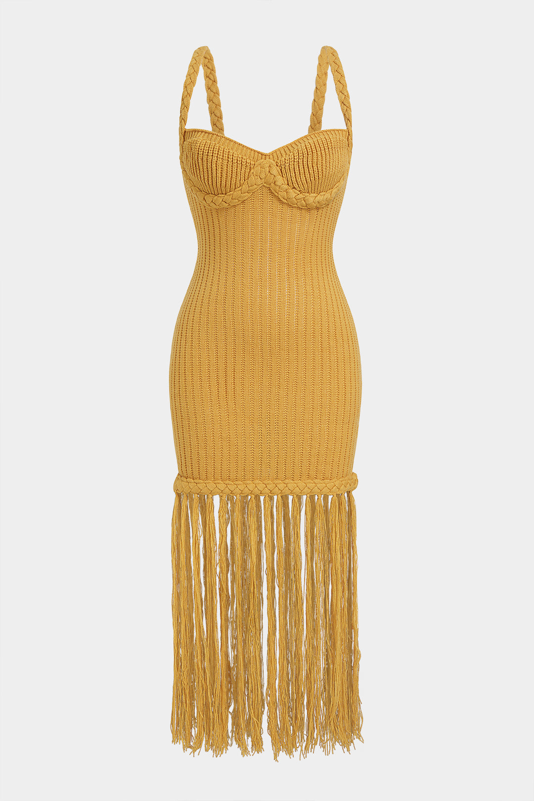 Open Knit Braided Fringe Slip Sleeveless Midi Dress