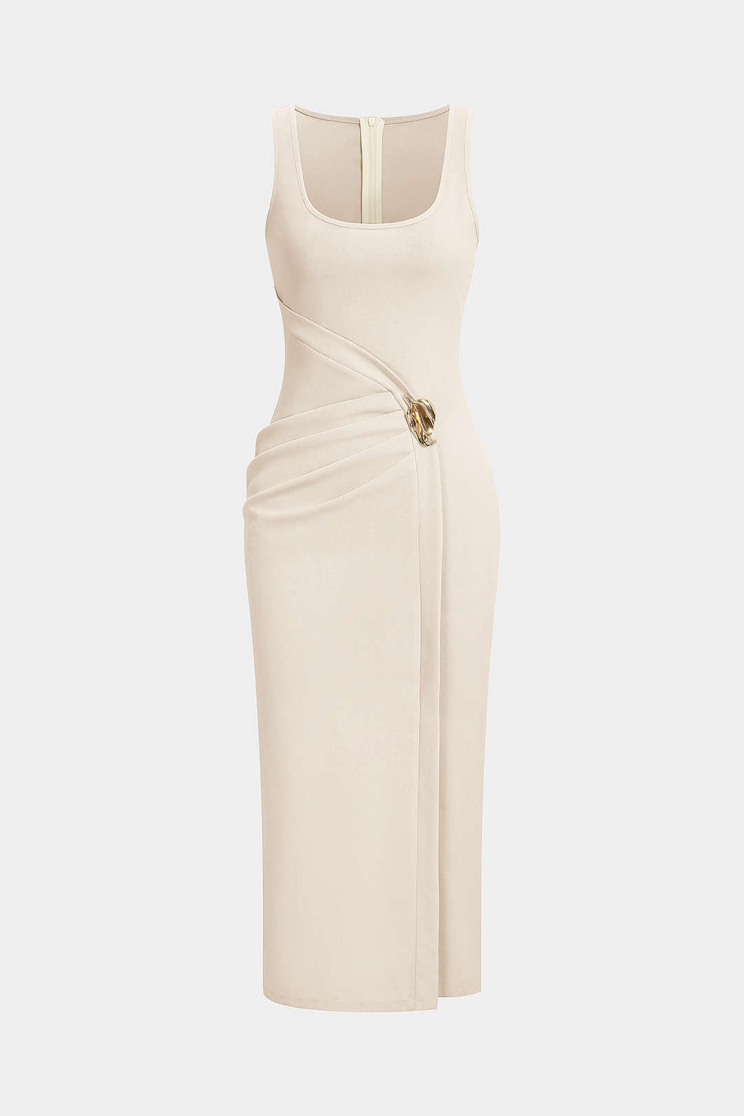 U-Neck Metallic Asymmetrical Ruched Zipper Sleeveless Midi Dress