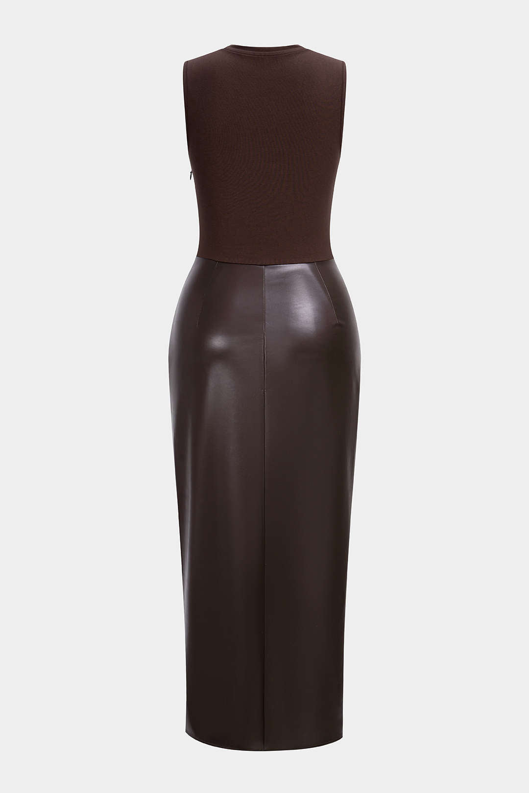 Faux Leather Patchwork Ruched Sleeveless Midi Dress