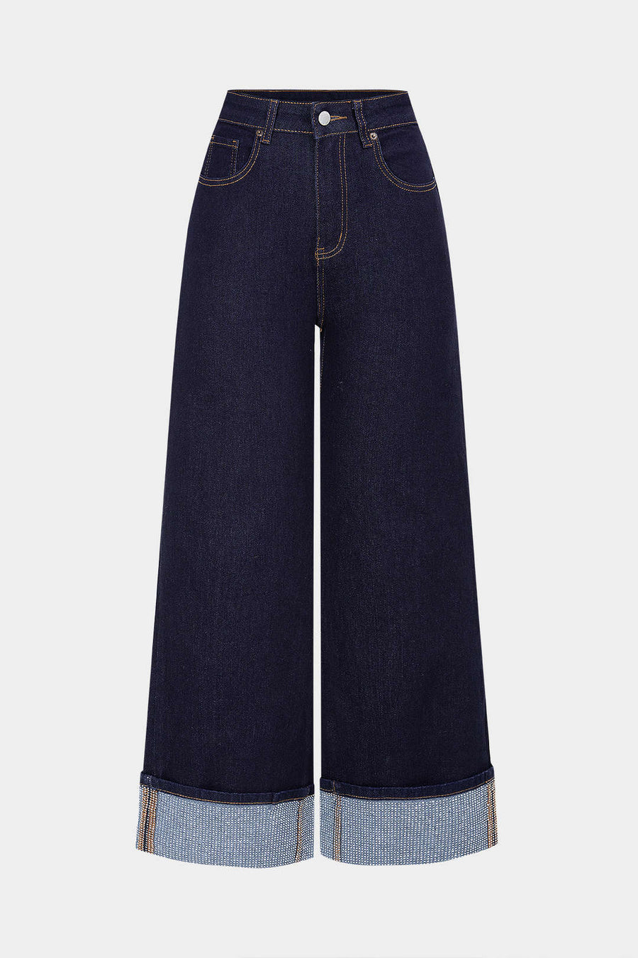 Denim Rhinestone Decor Zipper Straight Jeans