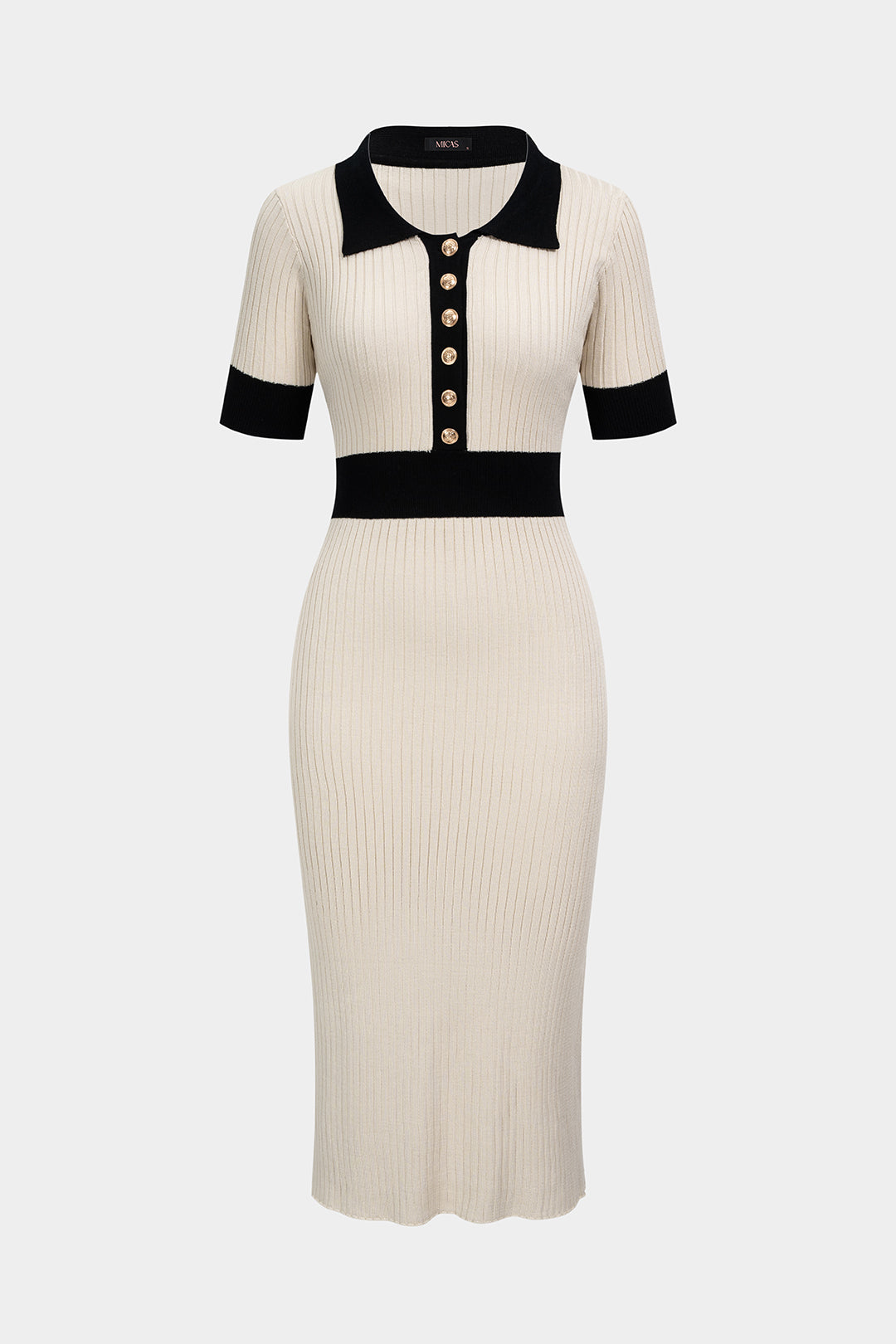 Knit Contrast Polo Collar Button Short Sleeve Midi Dress