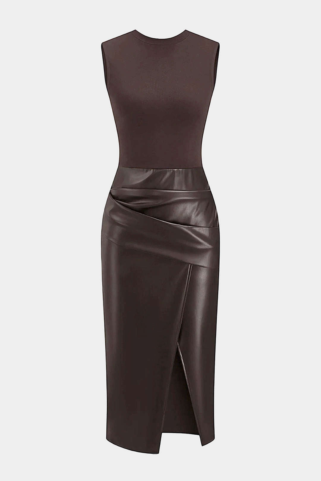 Faux Leather Patchwork Ruched Sleeveless Midi Dress