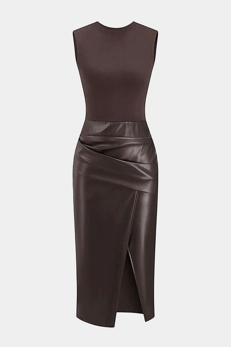 Faux Leather Patchwork Ruched Sleeveless Midi Dress