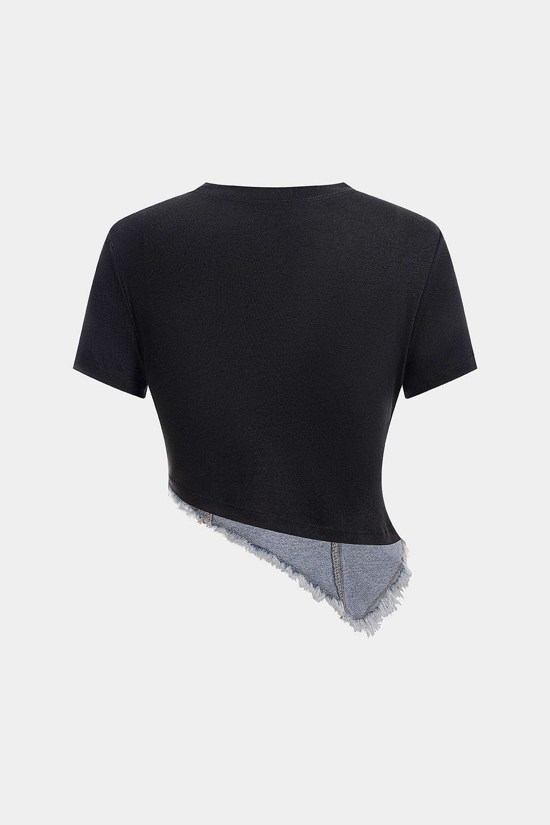 Denim-patchwork-paita, pyöreä kaulus, epäsymmetrinen helma, lyhythihainen