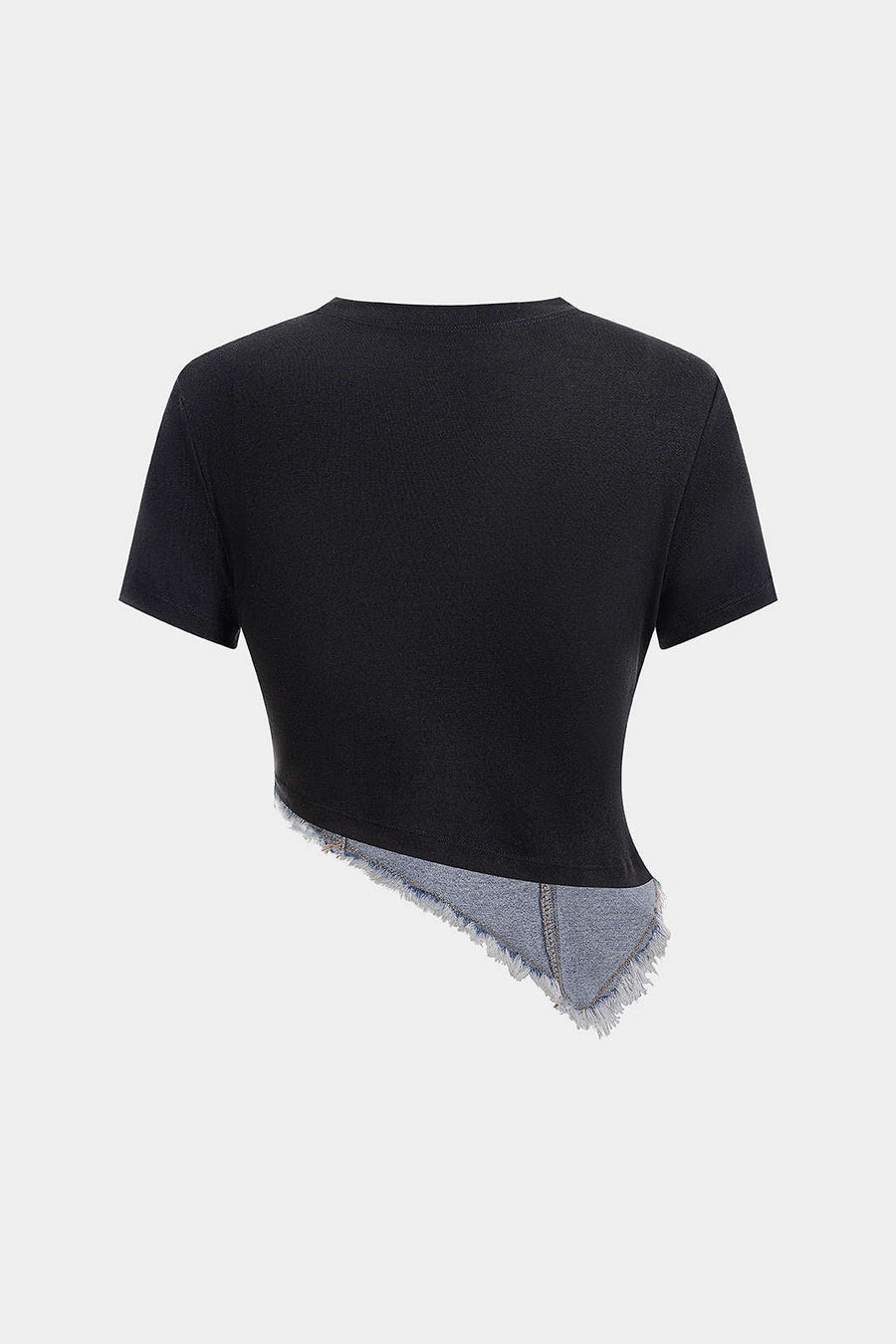 Denim-patchwork-paita, pyöreä kaulus, epäsymmetrinen helma, lyhythihainen