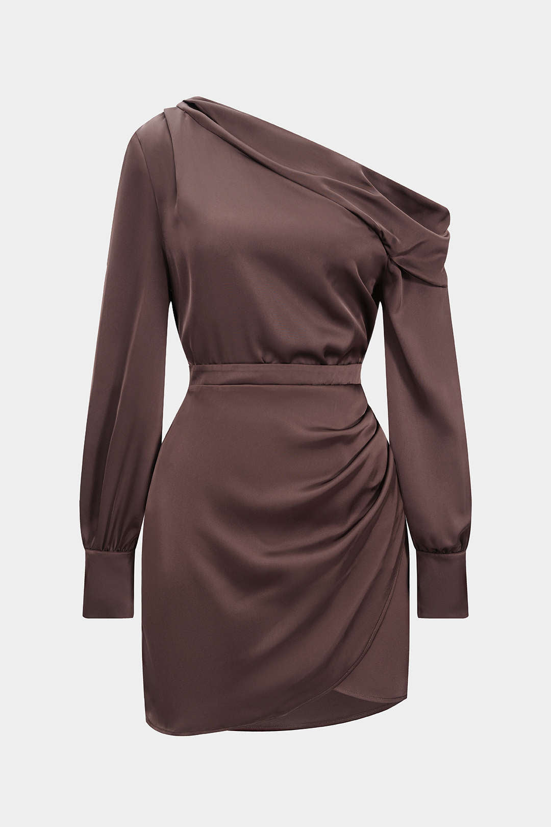 Satin Asymmetrical Neck Long Sleeve Mini Dress