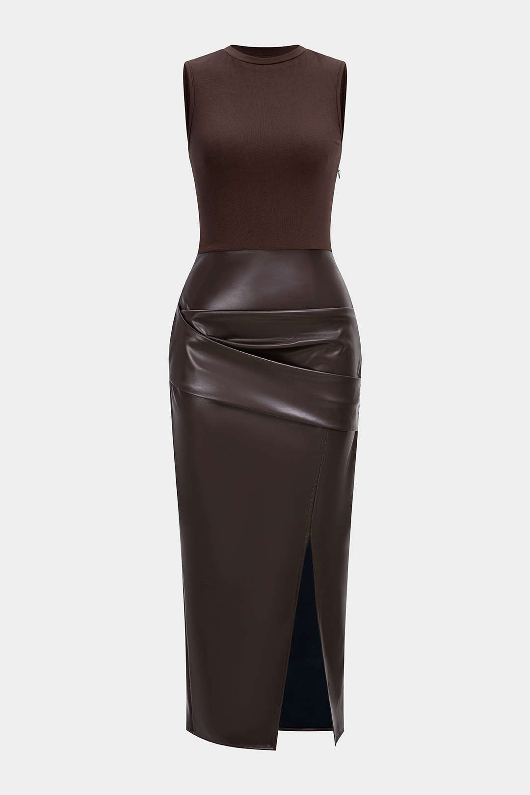 Faux Leather Patchwork Ruched Sleeveless Midi Dress