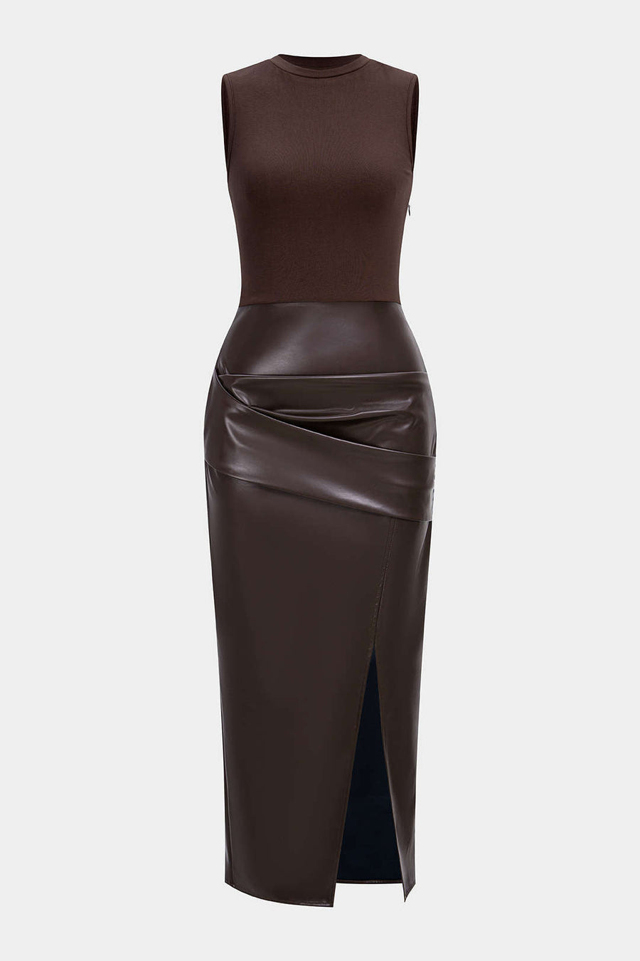 Faux Leather Patchwork Ruched Sleeveless Midi Dress