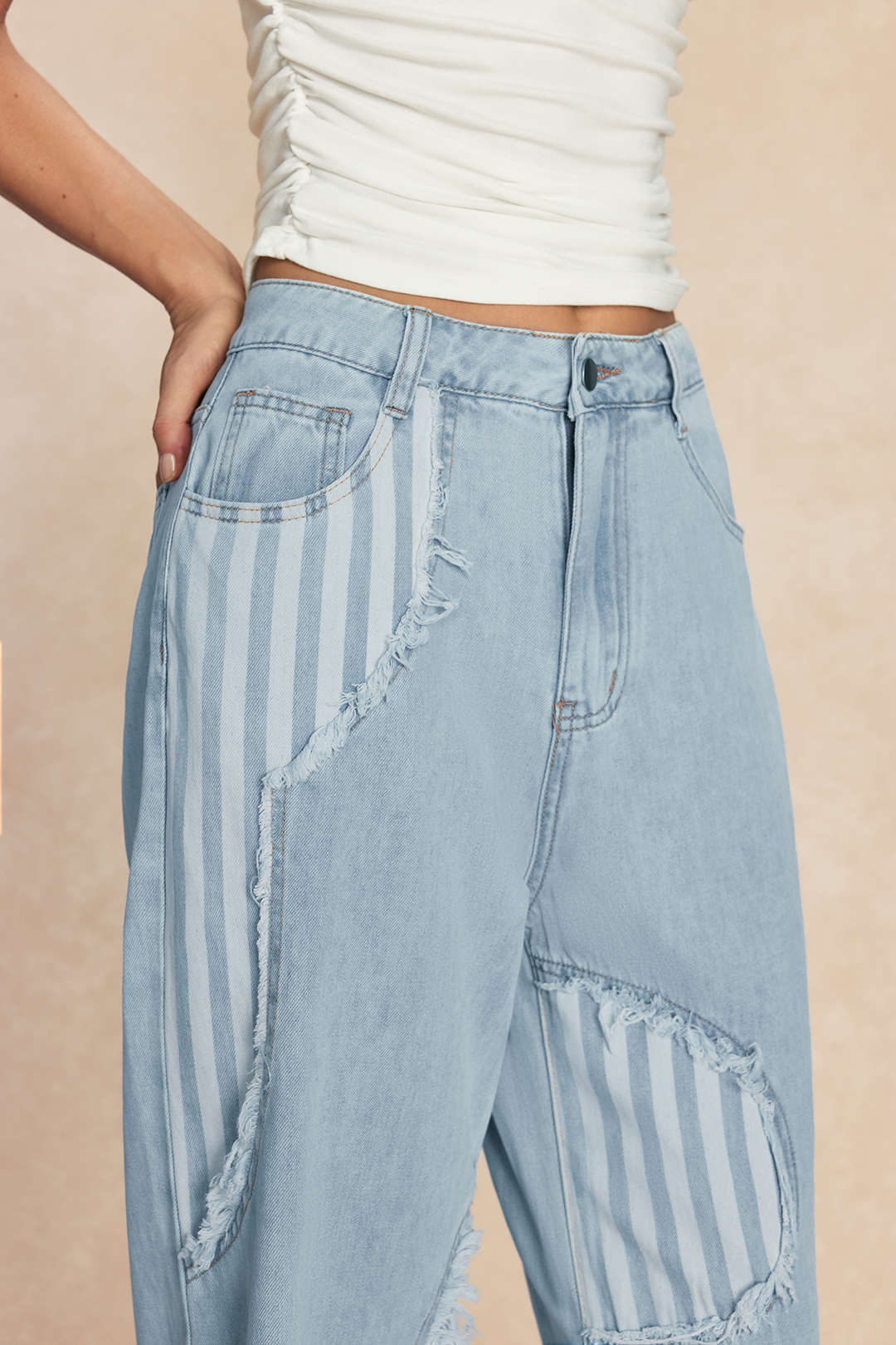 Denim Patchwork Stripes Print Asymmetrical Frayed Wide Leg Jeans