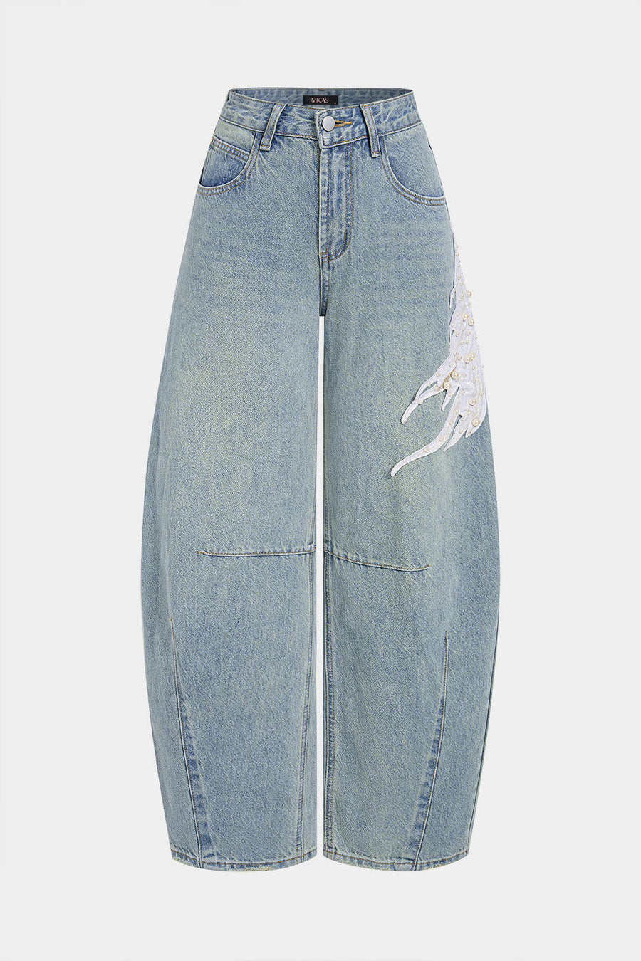 Denim Feather Pearls Decor Wide Leg Jeans