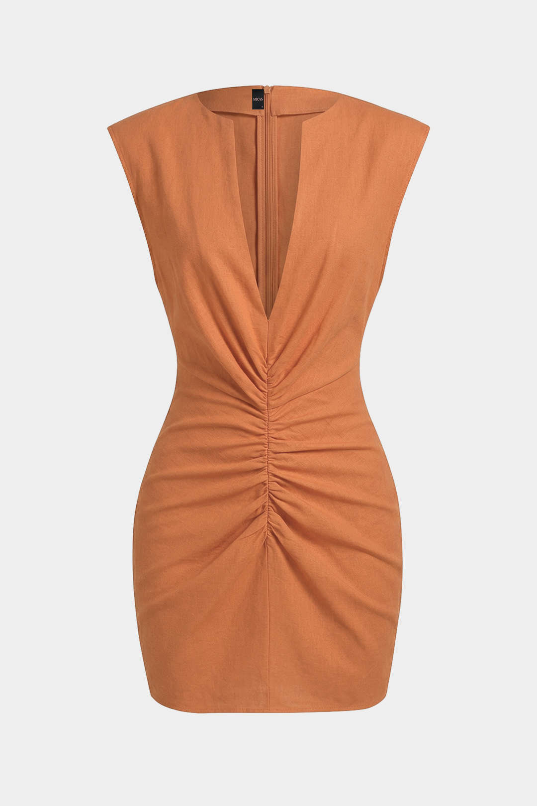 V-Neck Linen Ruched Zipper Sleeveless Mini Dress