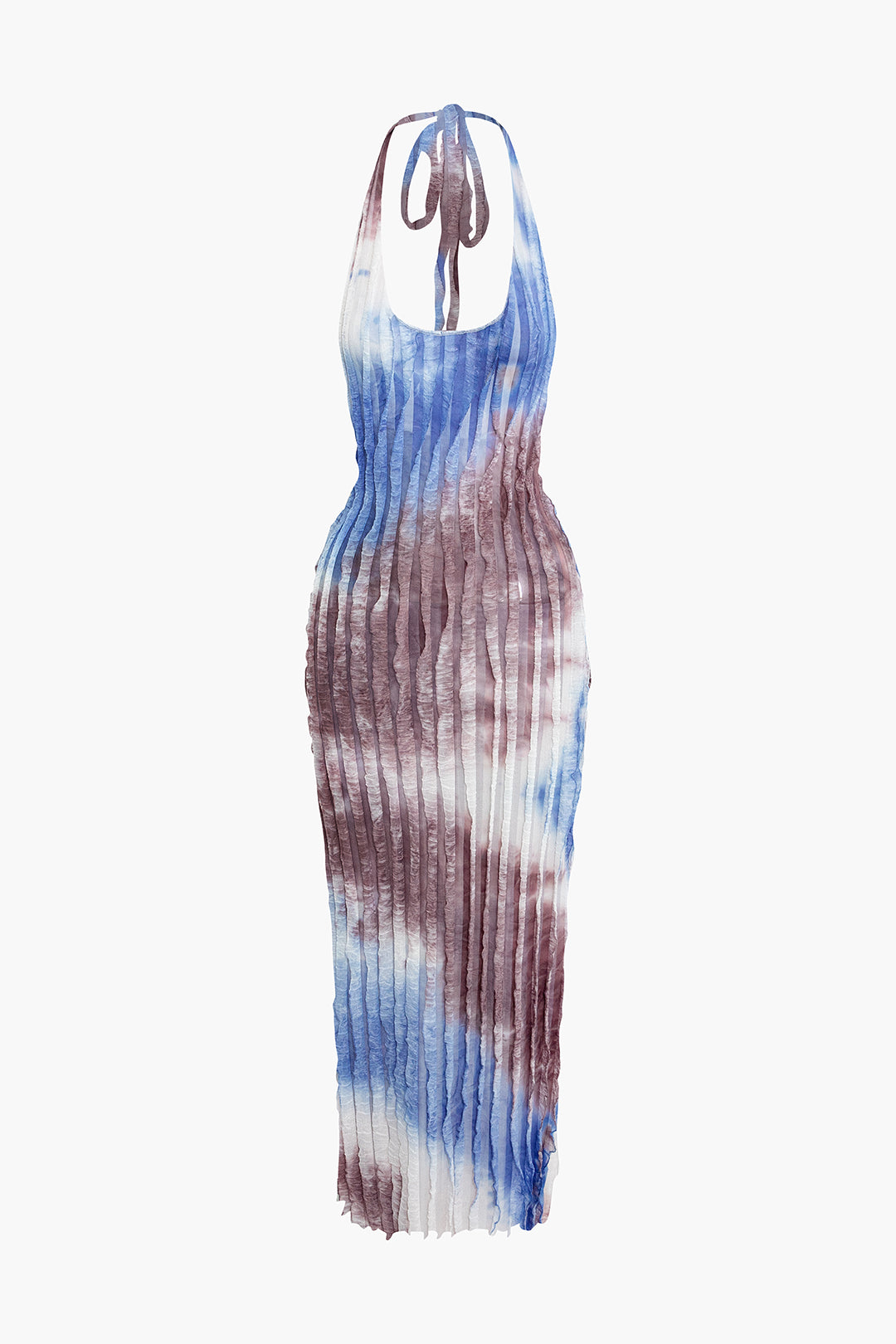 Sheer Mesh Ruffle Texture Halter Backless Maxi Dress
