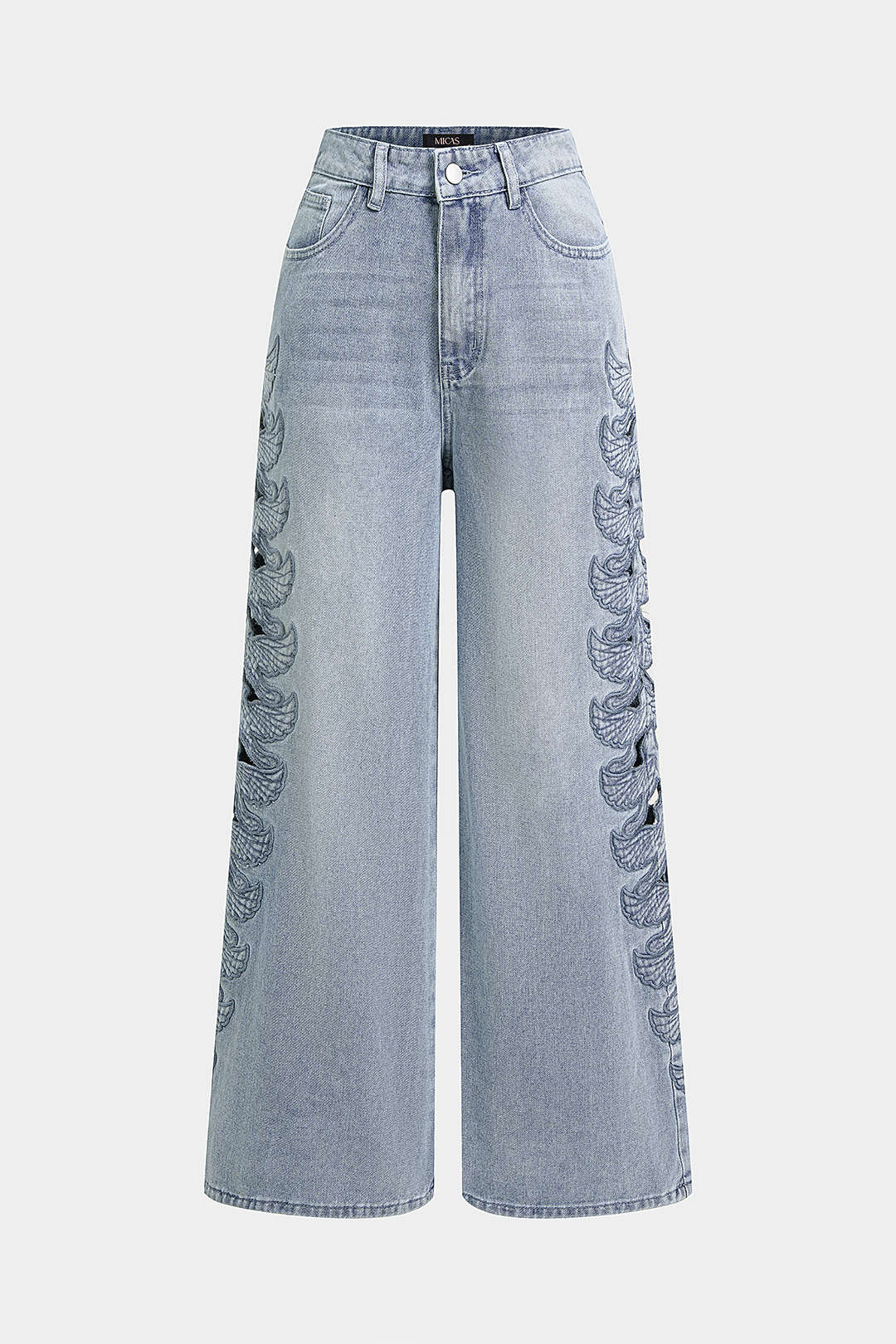 Denim-farkut, joissa on lintukuvioinen applikaatiotasku