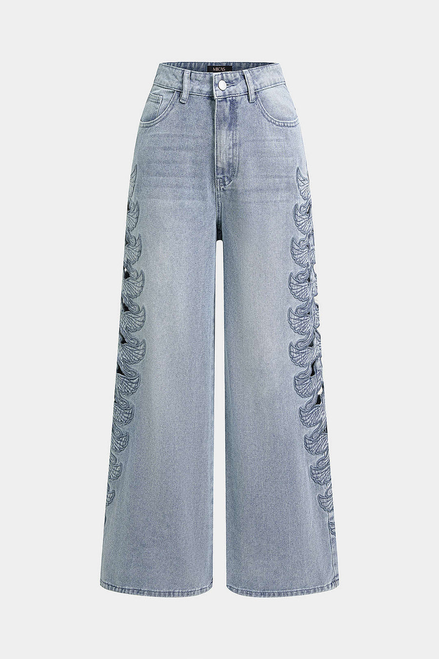 Denim-farkut, joissa on lintukuvioinen applikaatiotasku