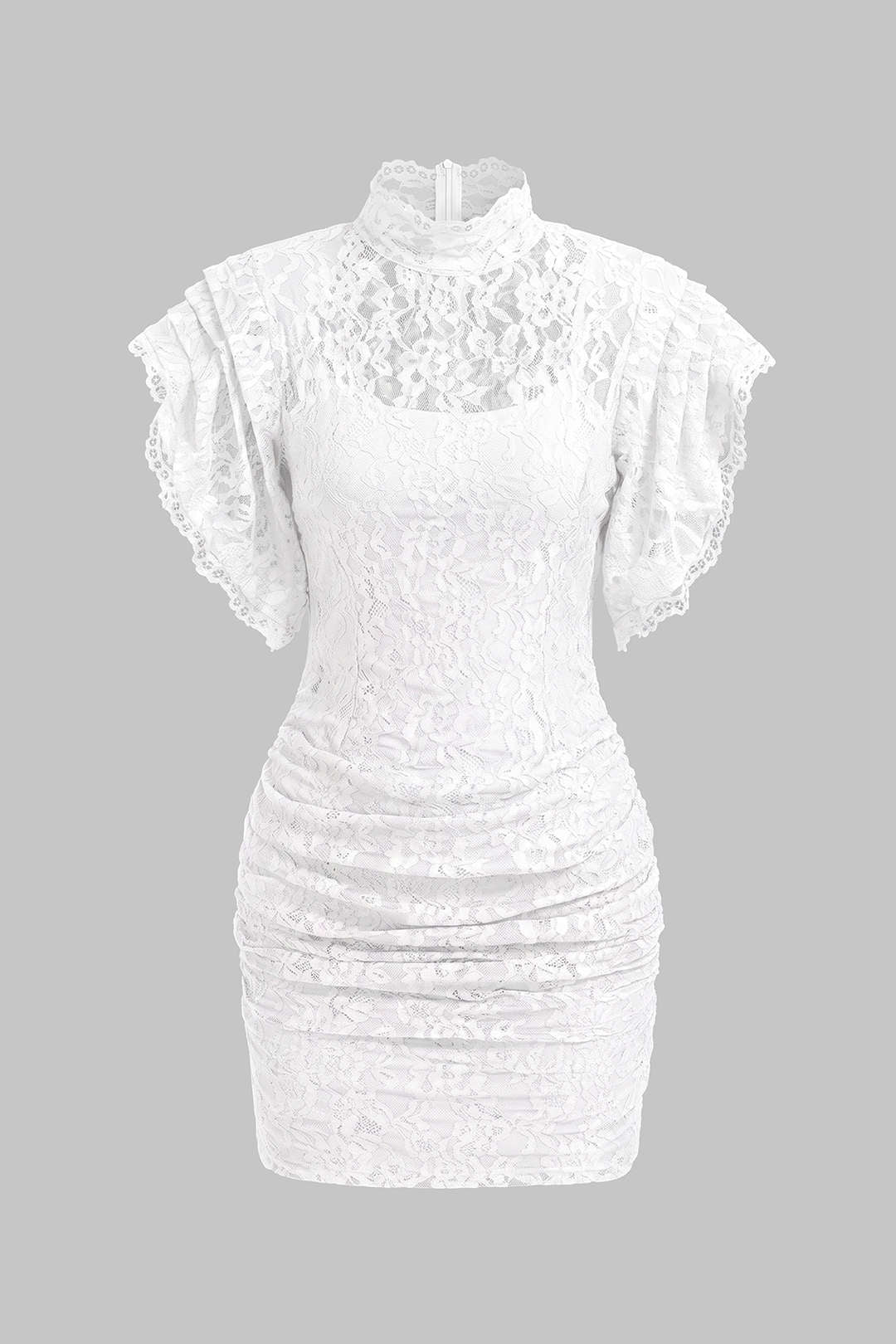 Sheer Lace Mock Neck Ruched Short Sleeve Mini Dress