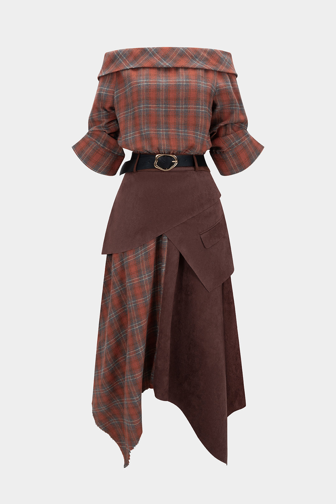 Plaid Print Suede Off Shoulder Zipper Belted Long Sleeve Midi Dress