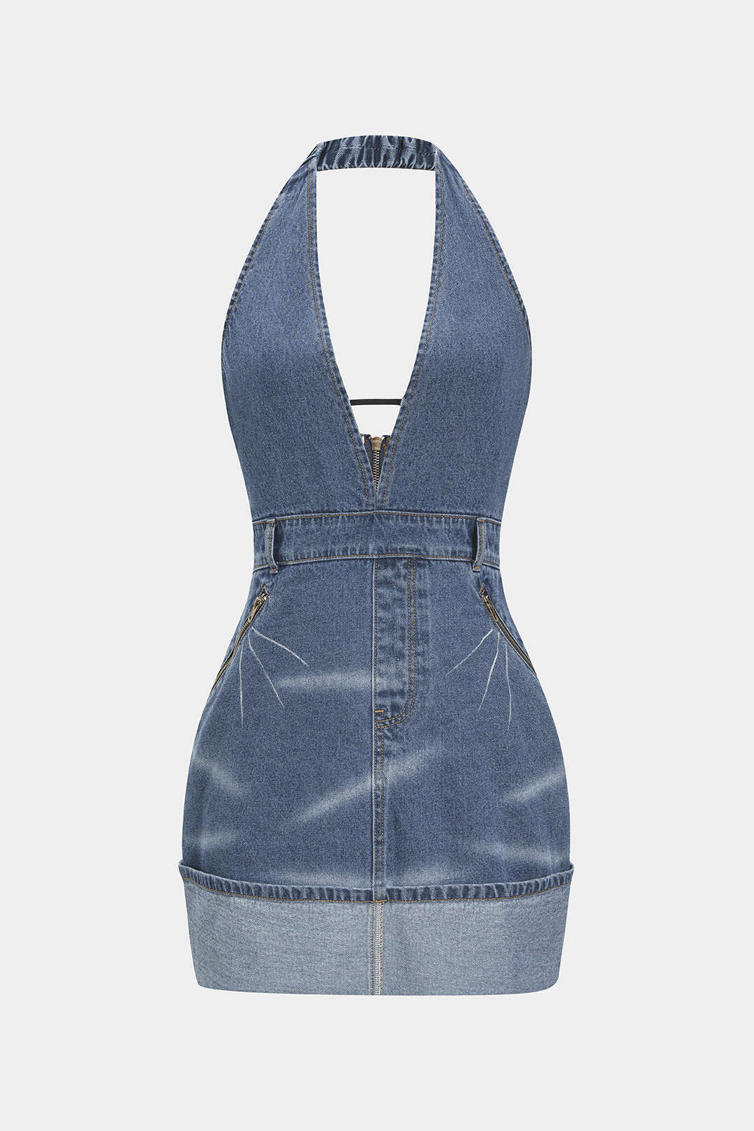 Denim-materiaalinen, selkäaukkoinen, pesunkäsitelty, vetoketjullinen halter-mallinen minihame