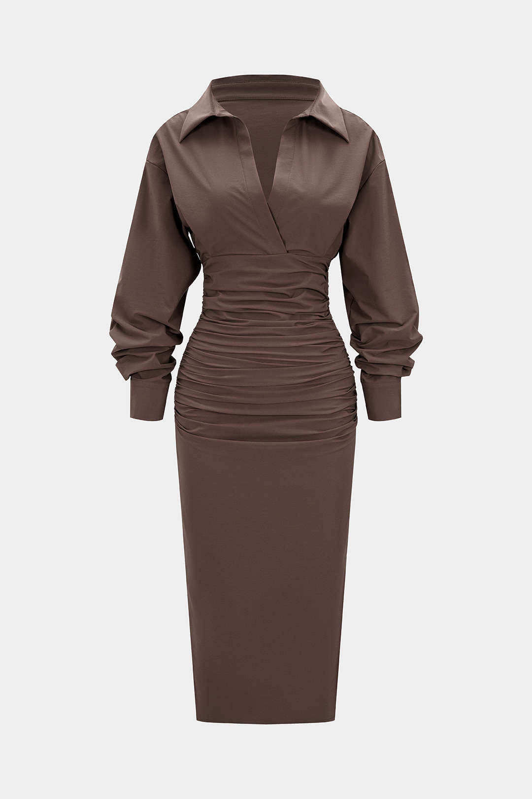 Solid Ruched Long Sleeve Midi Dress