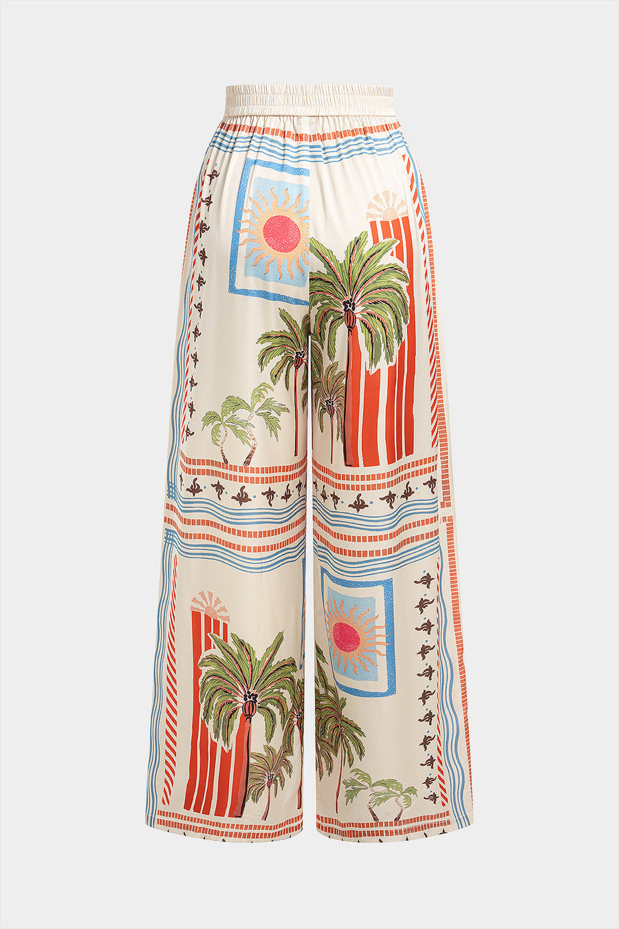 Coconut Palm Stripes Print Satin Wide Leg Pants