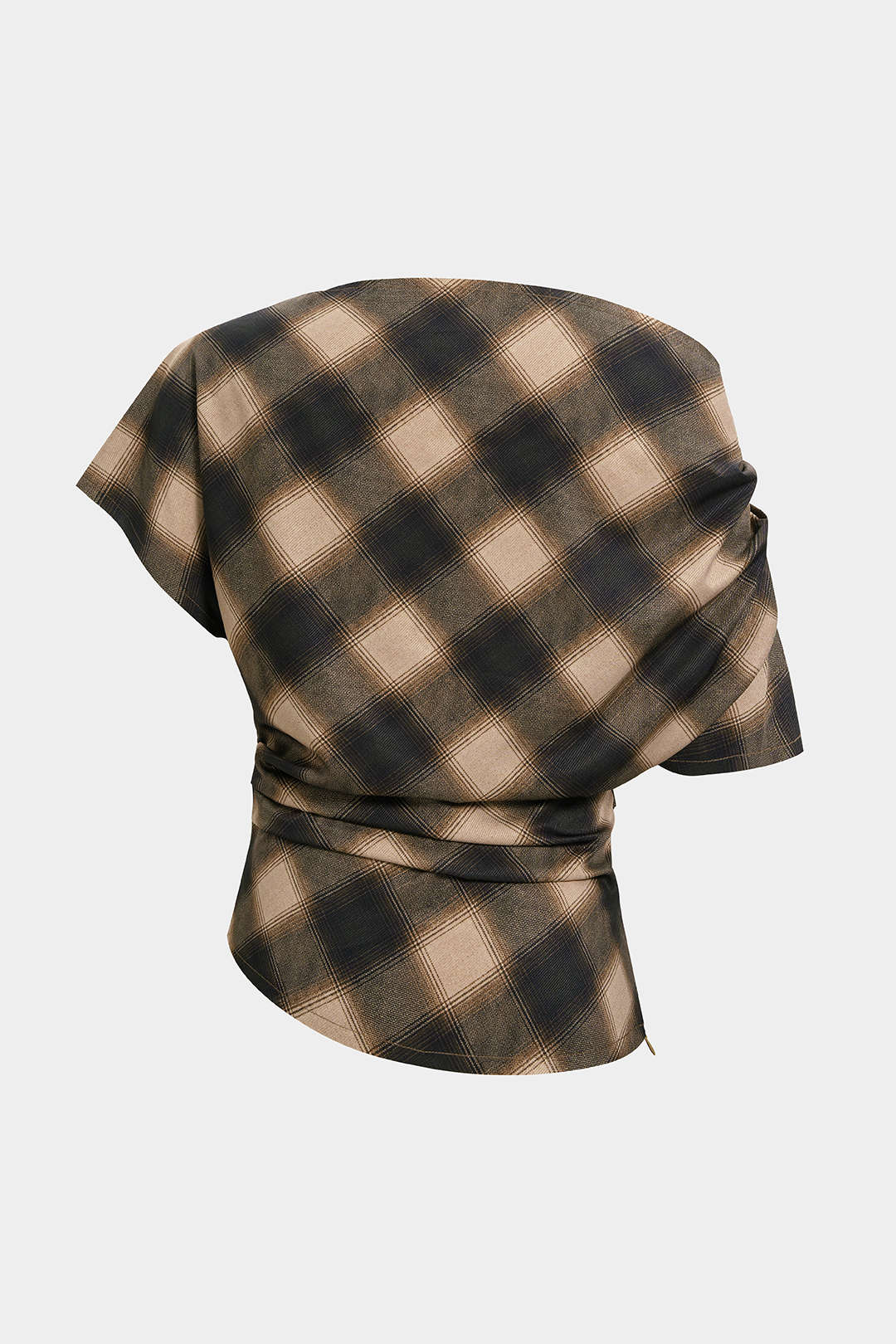 Plaid Print Frayed Edges Asymmetrical T-Shirt