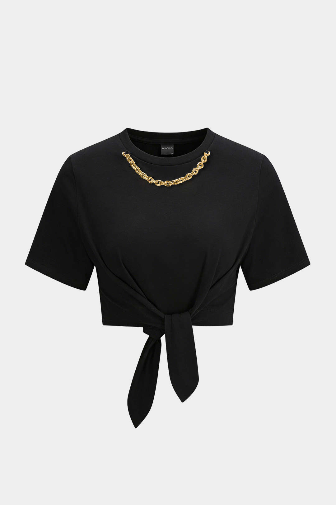 Metallic Chain Round Neck Tie-Up Short Sleeve T-Shirt