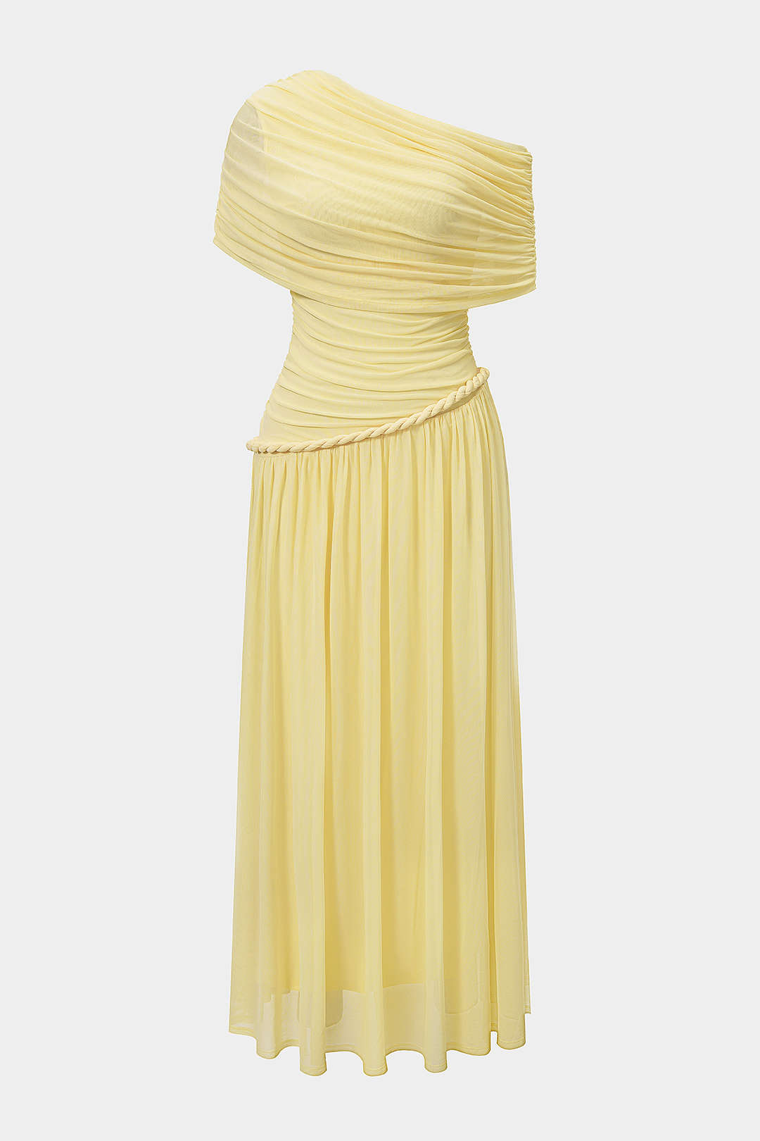 Mesh One Shouder Twist Knot Ruched Sleeveless Maxi Dress