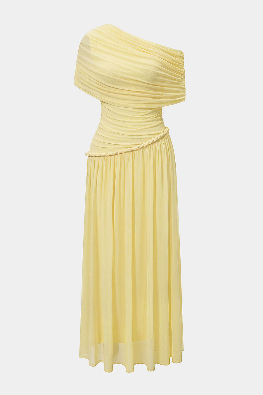 Mesh One Shouder Twist Knot Ruched Sleeveless Maxi Dress