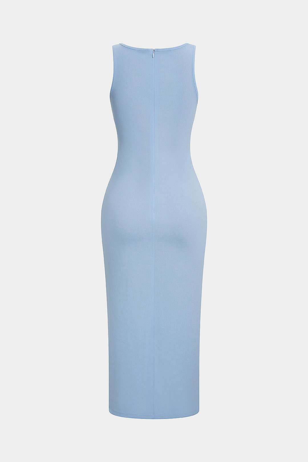 U-Neck Metallic Asymmetrical Ruched Zipper Sleeveless Midi Dress