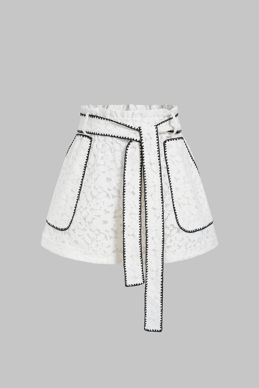 Contrast Whipstitching Lace Tie-Up Wide Leg Shorts