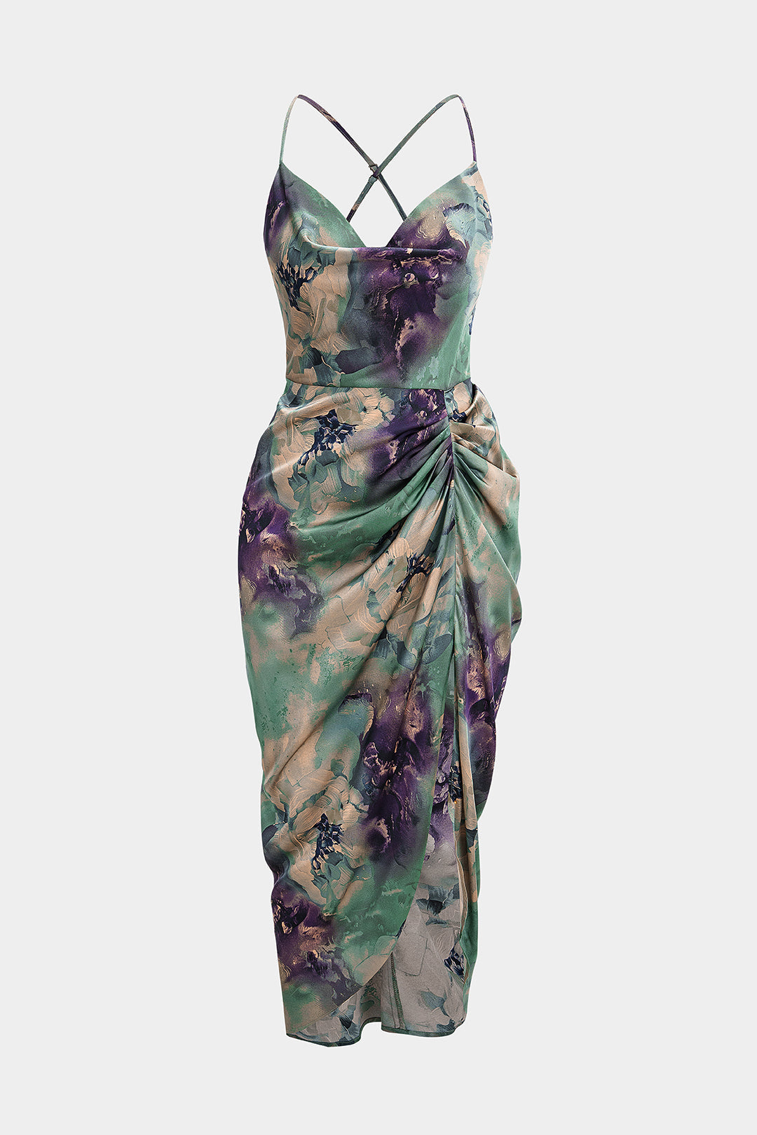 Floral Print Satin Draped Cowl Neck Asymmetrical Ruched Sleeveless Midi Dress