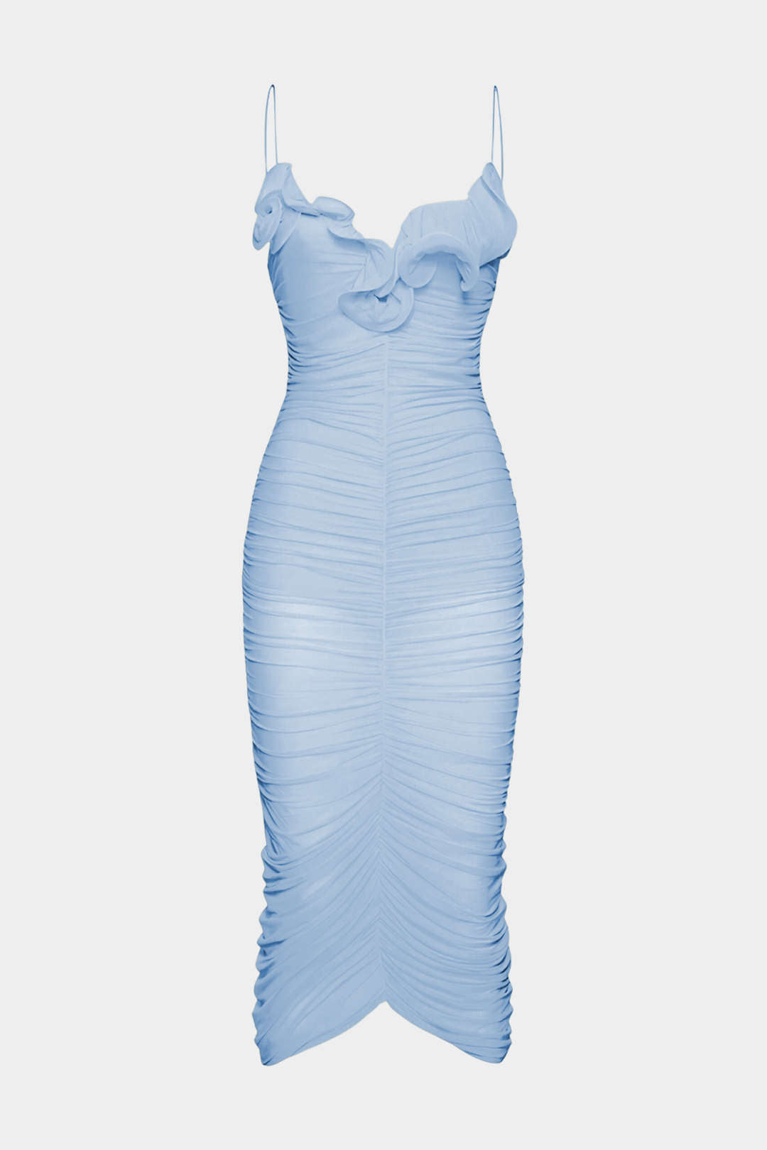 Scallop Edge Mesh Ruched Sleeveless Midi Dress