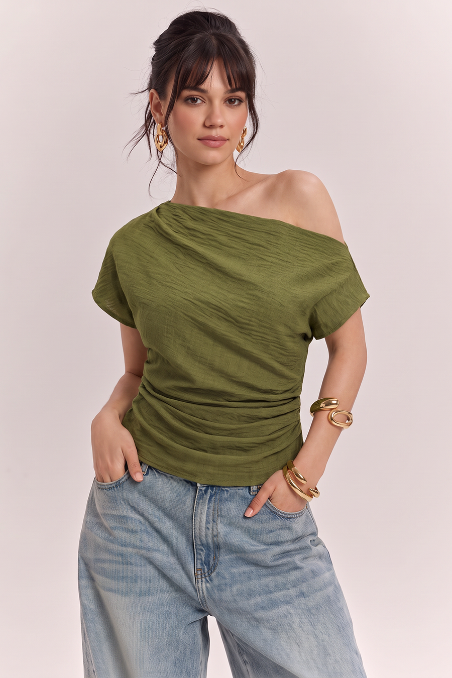One Shoulder Ruched Short Sleeve T-Shirt