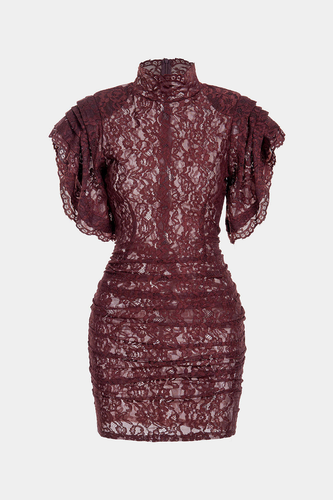 Sheer Lace Mock Neck Ruched Short Sleeve Mini Dress