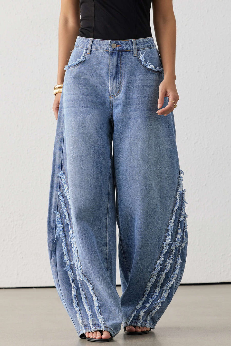 Denim Frayed Wide Leg Jeans