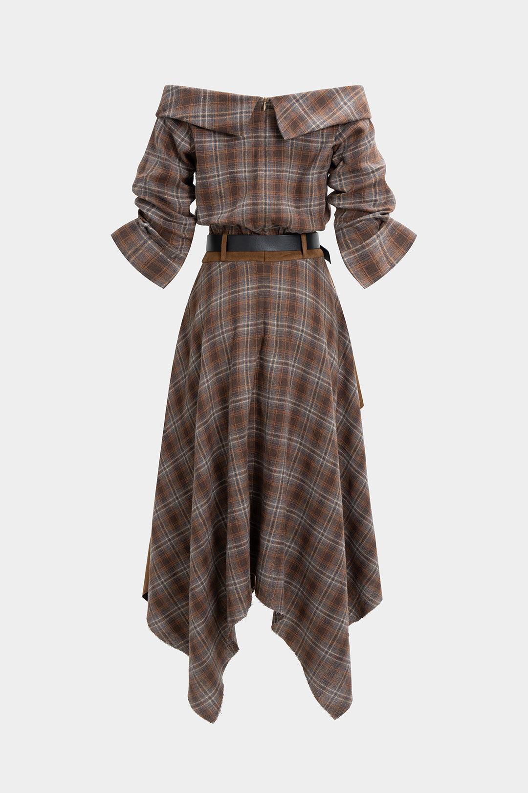 Plaid Print Suede Off Shoulder Zipper Belted Long Sleeve Midi Dress