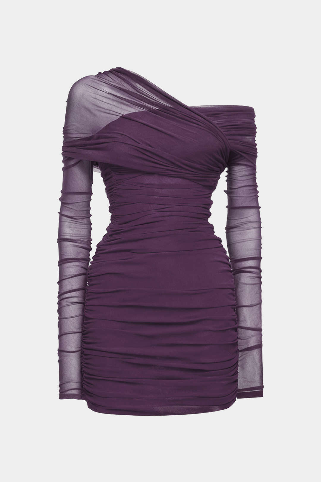 Sheer Mesh One Shoulder Long Sleeve Ruched Mini Dress