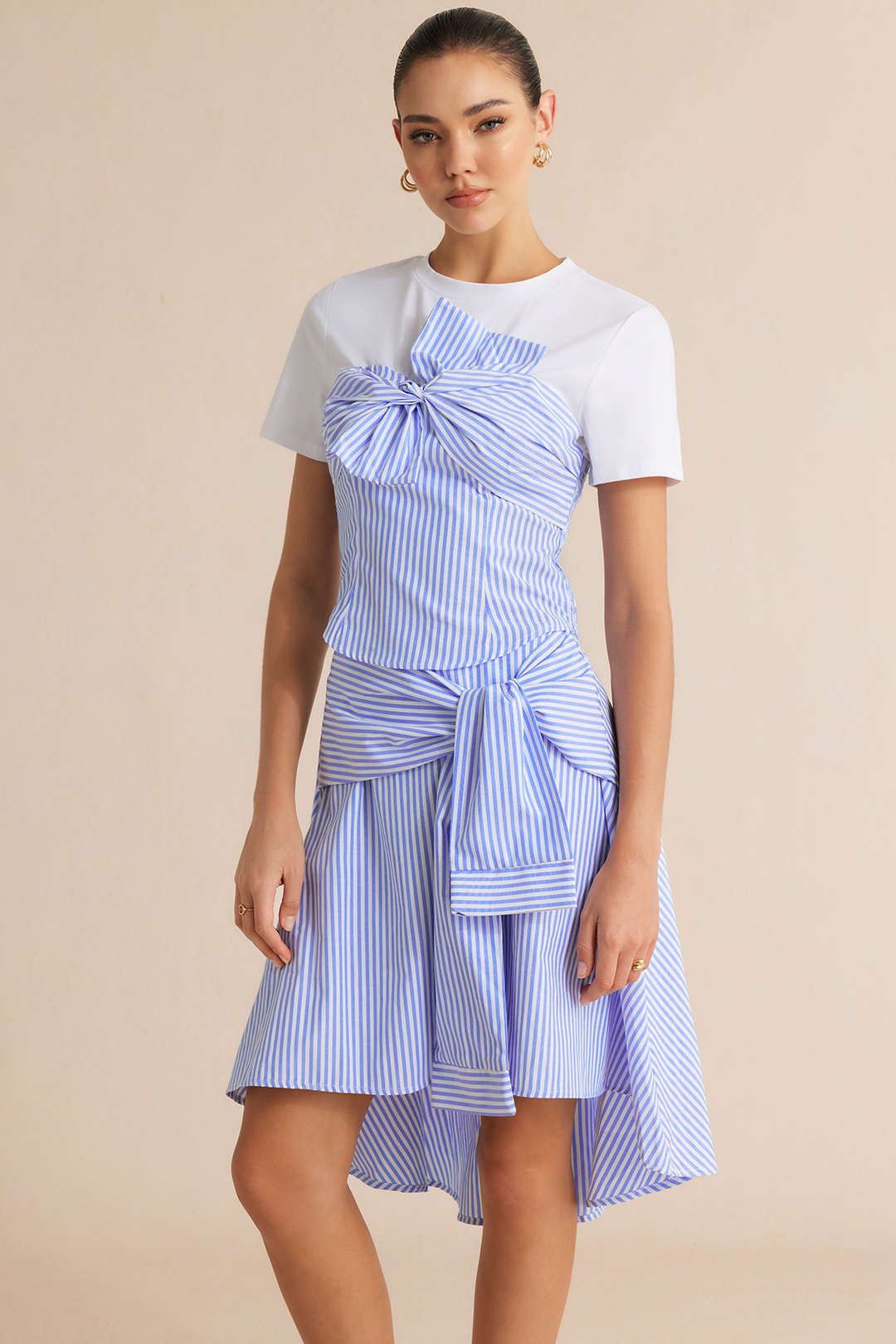 Stripes Print Patchwork Knotted Short Sleeve T-Shirt