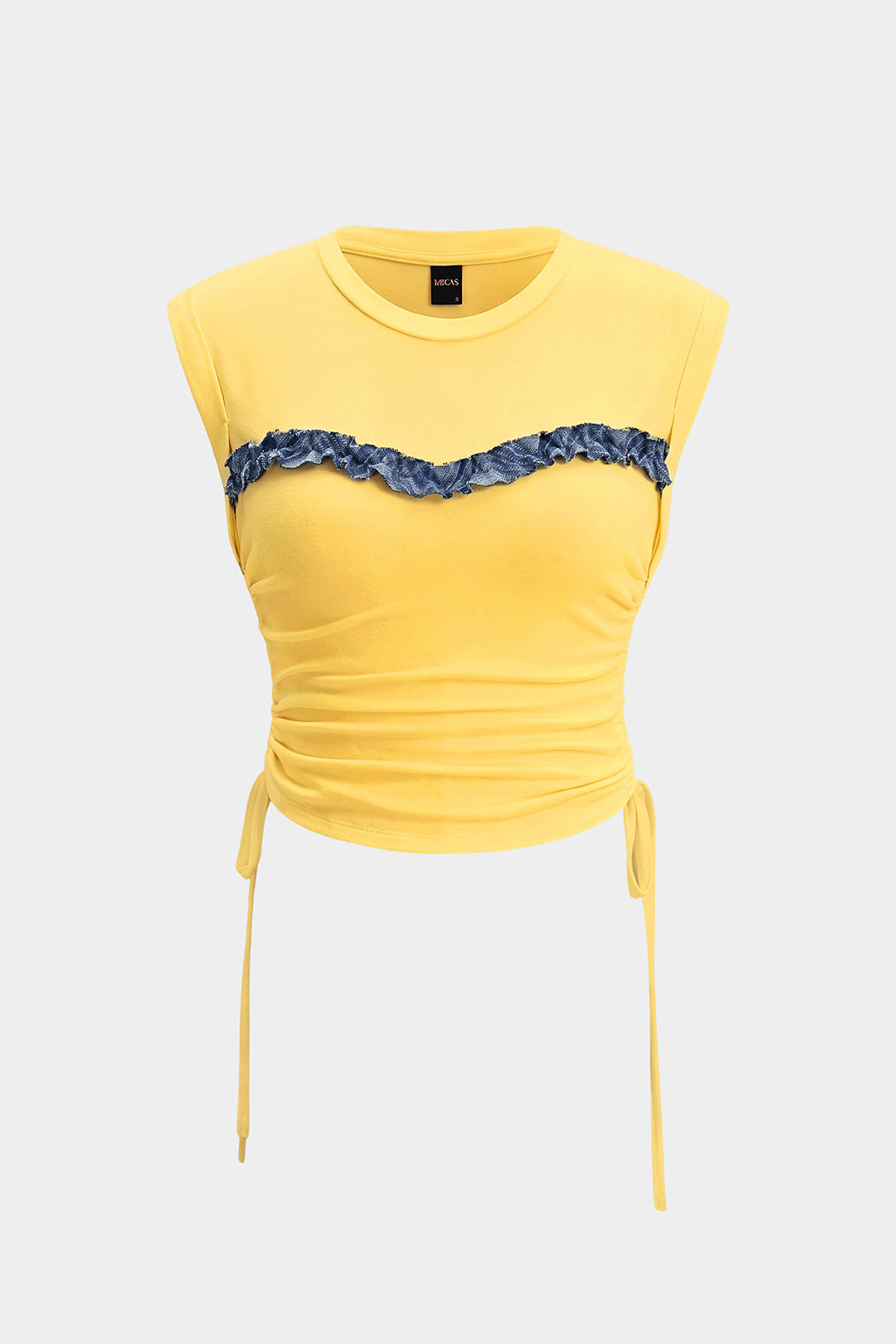 Patchwork Round Neck Tie-Up Short Sleeve T-Shirt