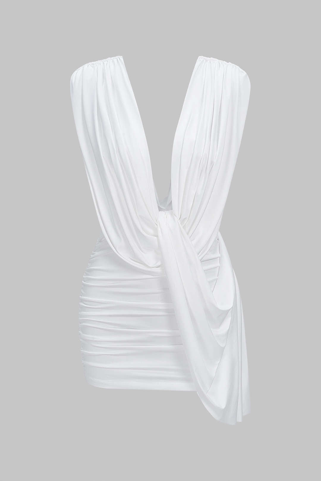 Ruched Draped Cowl Neck Asymmetrical Sleeveless Mini Dress