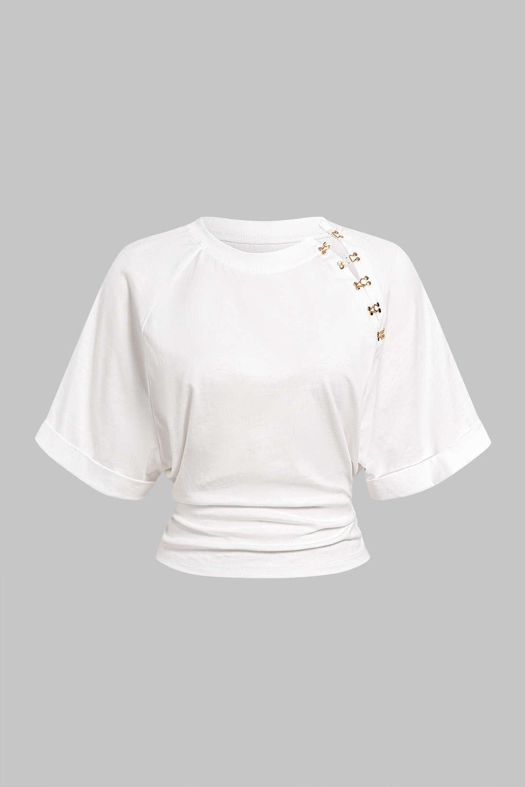 Metallic Buckle Round Neck Short Sleeve T-Shirt