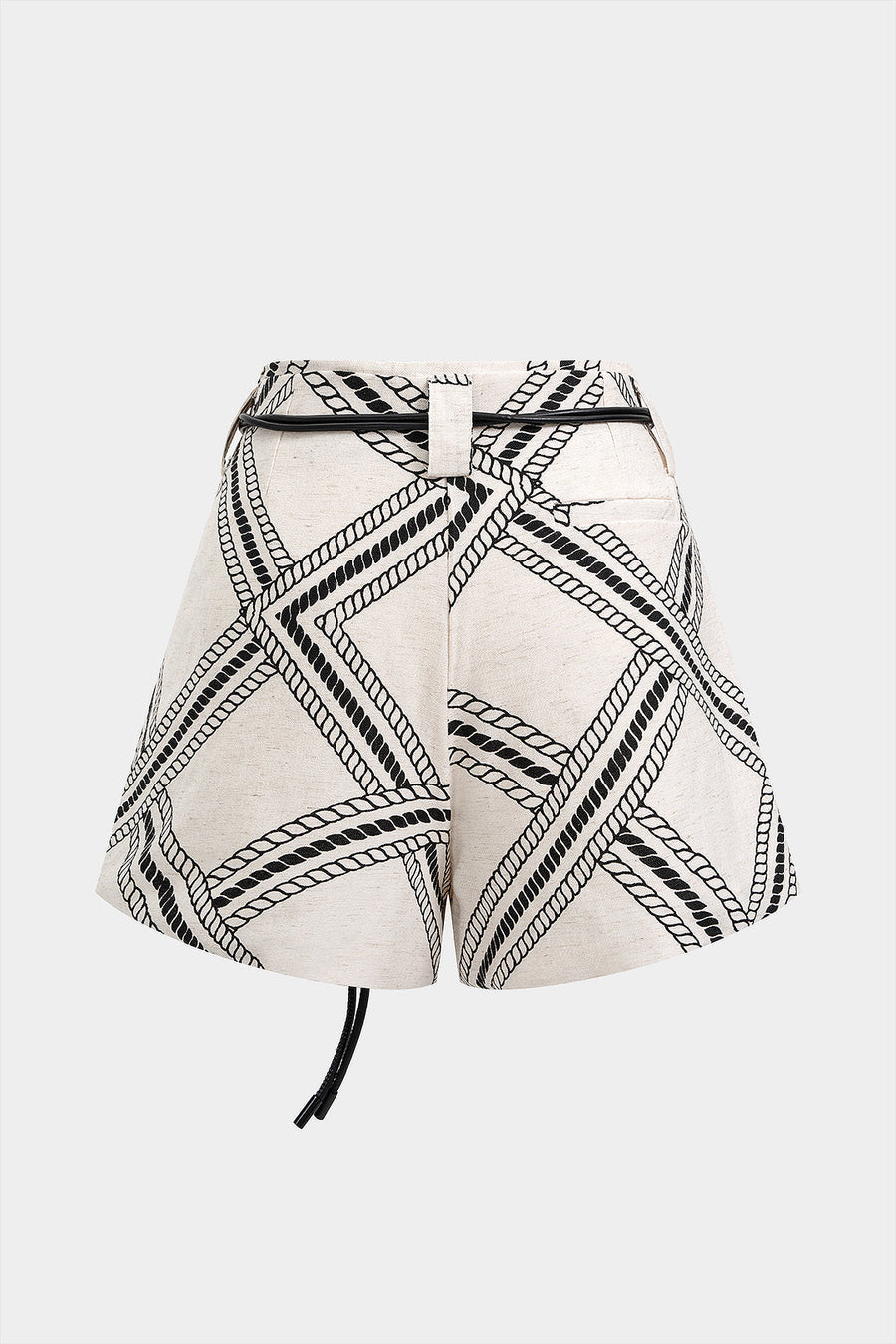 Geometric Chain Print Belted Wide Leg Shorts