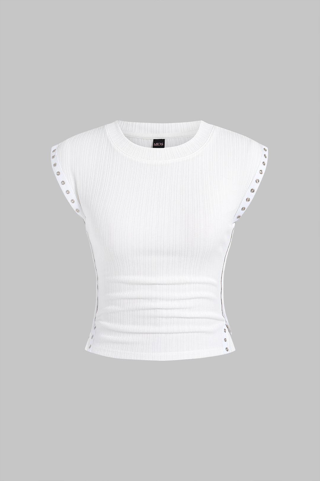 Ribbed Round Neck Button T-Shirt