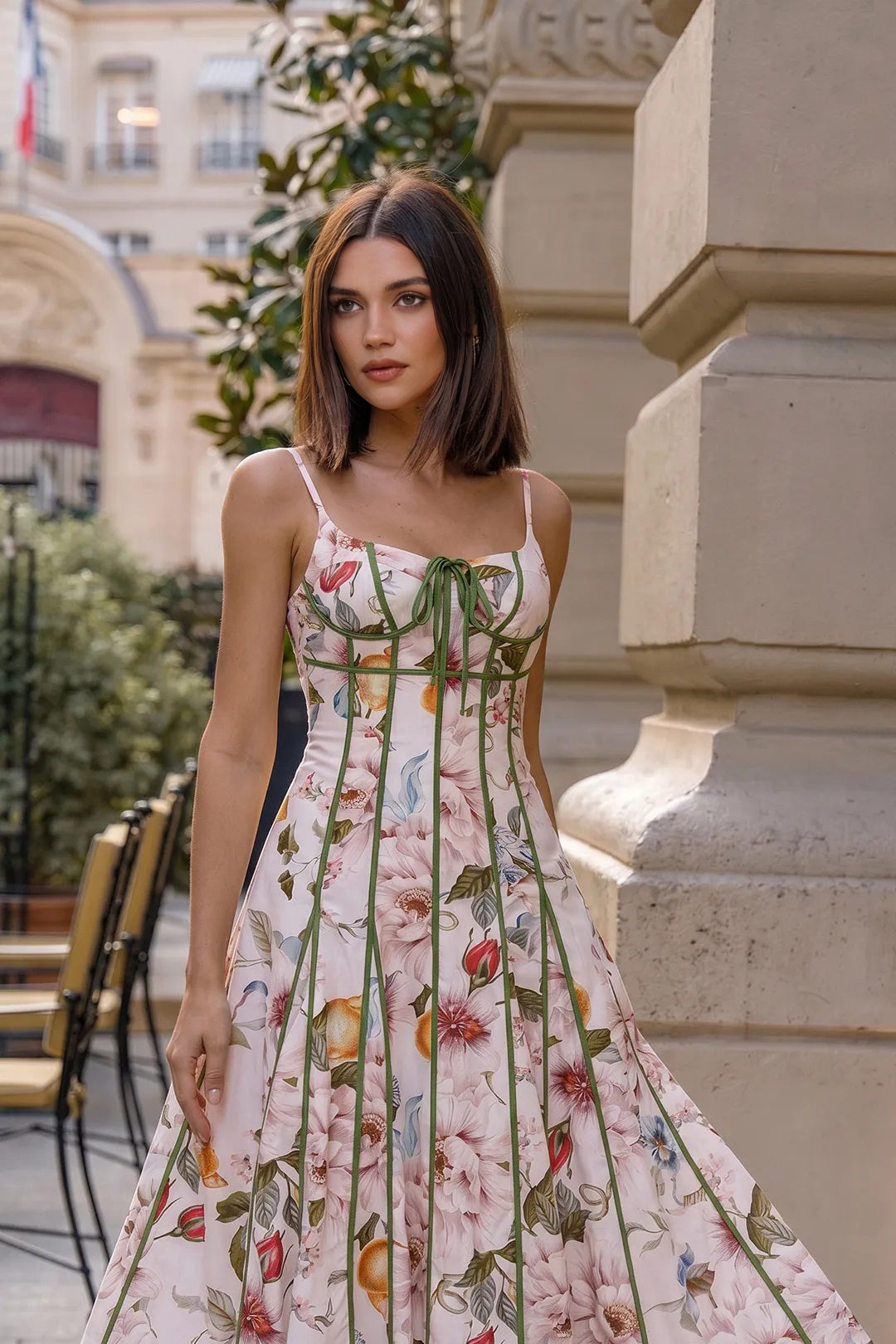 Floral Leaves Print Contrast Trim Tie-Up Slip Sleeveless Maxi Dress
