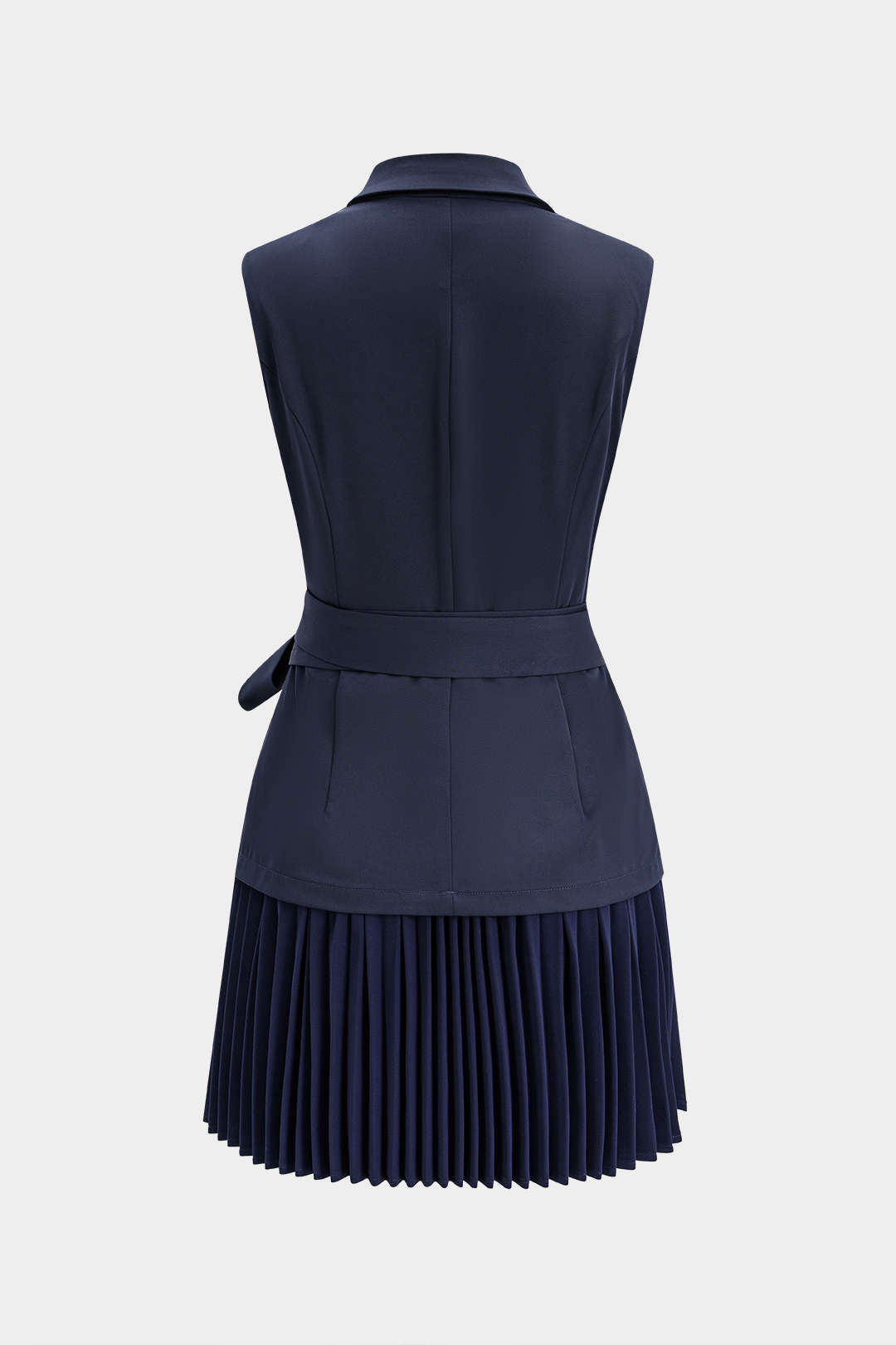 Notched Lapel Tie-Up Pleated Sleeveless Mini Dress