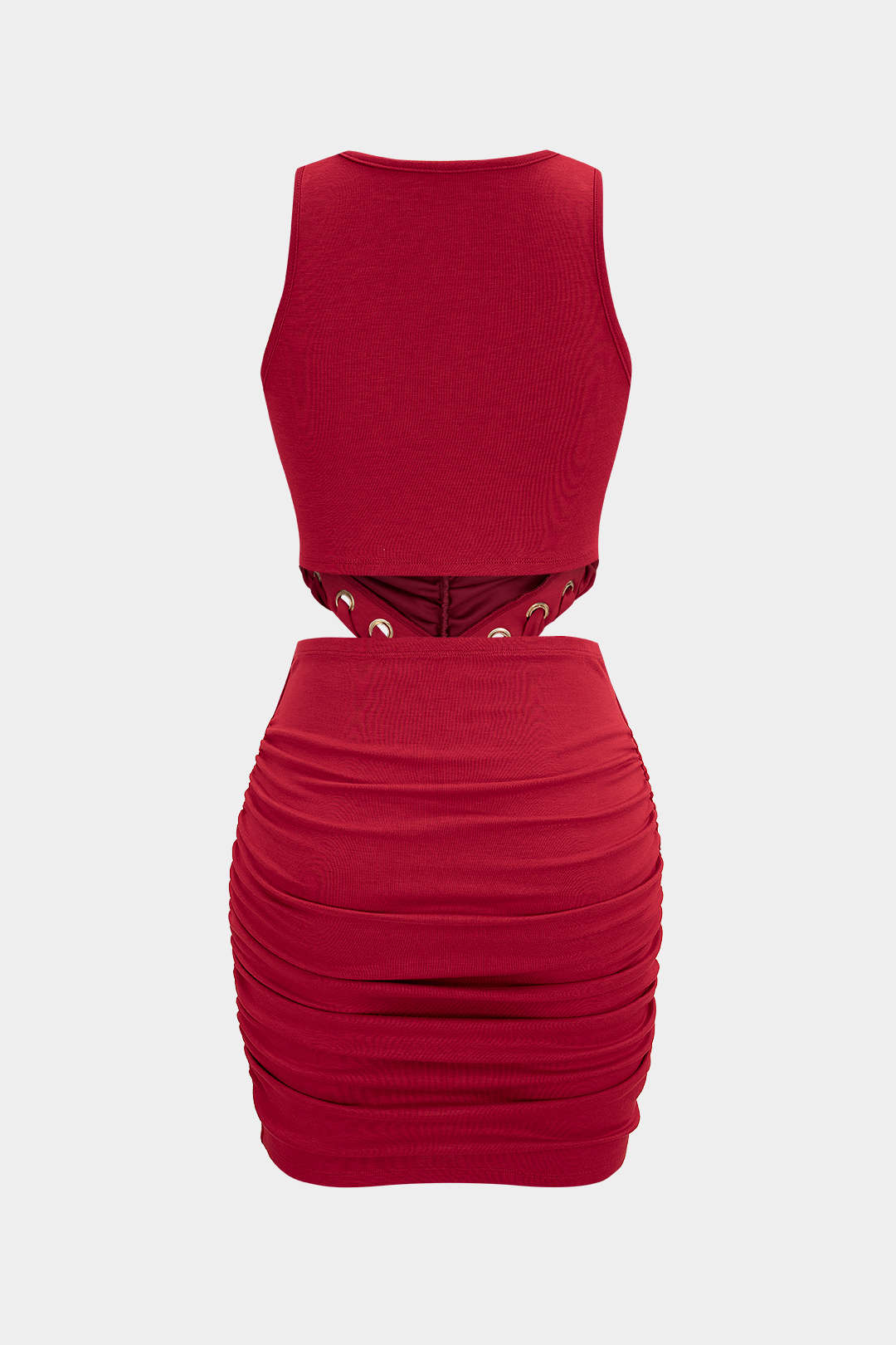 V-Neck Eyelet Cut Out Ruched Sleeveless Mini Dress