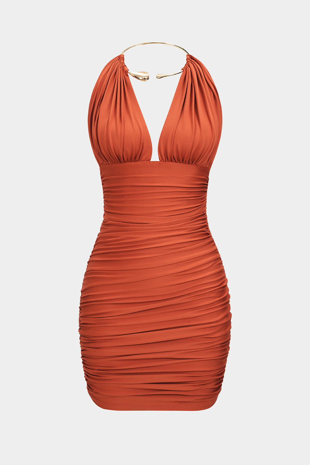 Metallic Halter Backless Ruched Sleeveless Mini Dress